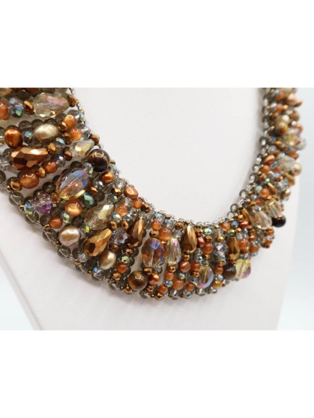 TALBOTS Caramel & Smoky Grey/Blue Beaded Collar Statement Necklace - Picture 3 of 7